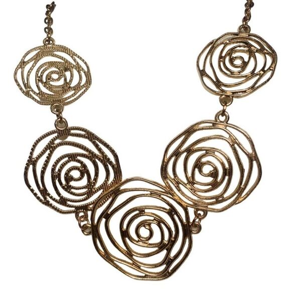 Gold Tone Swirl Rose Statement Pendant Chain Necklace And Bracelet Set 23” - Picture 3 of 12